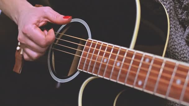 Woman Playing Guitar Hands Strings Close — 图库视频影像