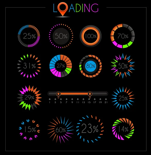 Set di elementi di design di caricamento - molti stili diversi con spazio per percentuale — Vettoriale Stock