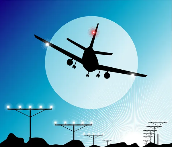 Avión aterrizando en el cielo — Vector de stock