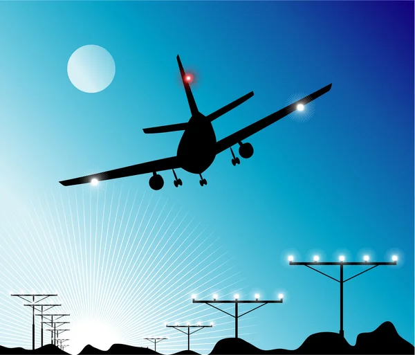 Avión aterrizando en el cielo — Vector de stock