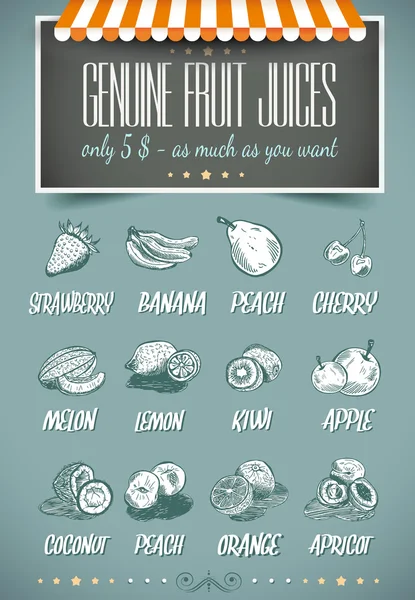 Modèle de style rétro pour le menu des jus de fruits authentiques — Image vectorielle