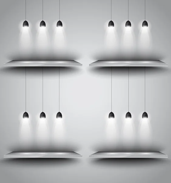 Étagères avec 3 projecteurs lampe avec des lumières directionnelles — Image vectorielle