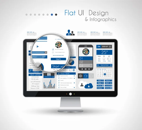 Elementi di design piatto UI in un moderno computer con schermo HD — Vettoriale Stock