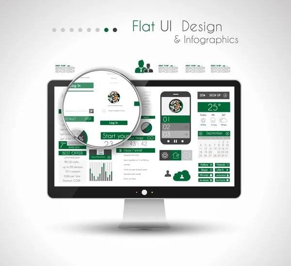 UI Flat Design Elements dans un ordinateur à écran HD moderne — Image vectorielle