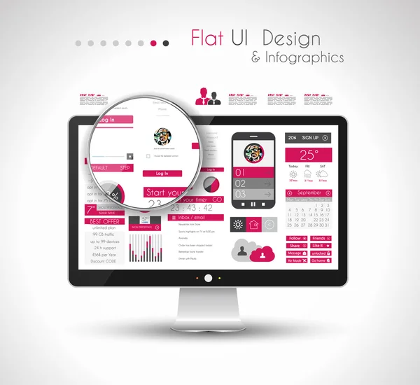 UI Flat Design Elements dans un ordinateur à écran HD moderne — Image vectorielle