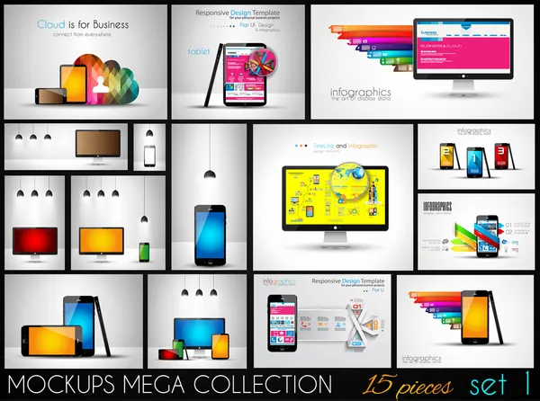 Collection of phone, pc and tablet mockups with infographics. Stock Illustration