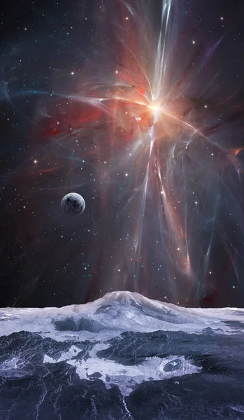 Fondo Espacial Fractal Nebulosa Colorida Con Planeta Tierra Montaña Elementos — Foto de Stock