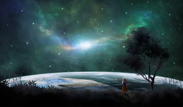 Cute Small Girl Dress Walking Land Tree Planet Colorful Nebula — Stock Photo, Image