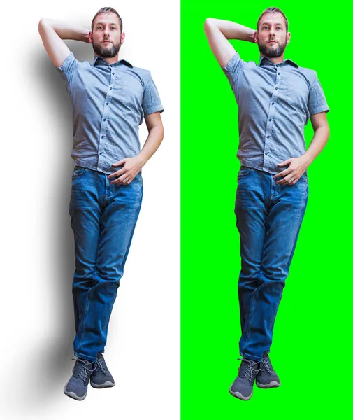 Young Caucasian Man Casual Clothes Lying Green Screen White Background — Stock Photo, Image