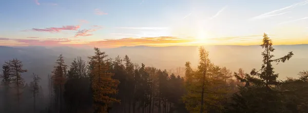 Herbstliche Tschechische Landschaft Mit Nebelschwaden Und Baumsilhouette Bei Sonnenaufgang Panoramablick — Stockfoto