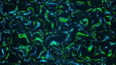 Soyut mavi ve yeşil kıvrımlı parlak benekli çizgi siyah arkaplanda