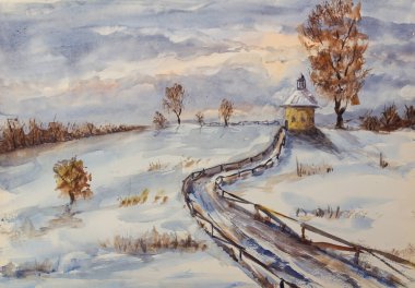 Tepede küçük bir şapel. Kış manzarasında ağaç var. Karlı gökyüzü, el yapımı suluboya.