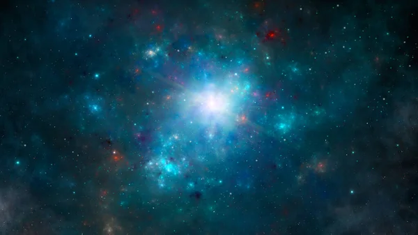 Vesmírné Pozadí Barevná Fraktální Mlhovina Modré Barvě Hvězdným Polem Sluncem — Stock fotografie