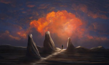 Yürüyüşçü gün batımında gökyüzüyle dağ arazisinde duruyor. Dijital resim, fantezi manzarası