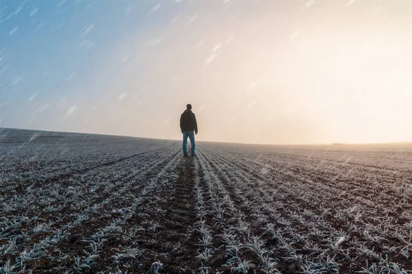 年轻的穿着夹克的高加索人男子站在草地上 在雪天日出的时候 田野被薄雾覆盖着白霜 捷克景观 — 图库照片