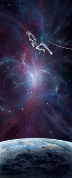 Kosmiczne Tło Astronauta Wpadający Barwną Mgławicę Fraktalną Planetą Elementy Dostarczone — Zdjęcie stockowe