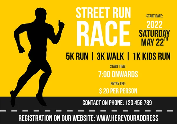 Street Run Race Vector Flyer Label Met Zwarte Runner Silhouet — Stockvector