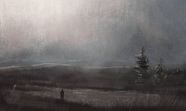 İnsan silueti, ağaçlar ve karamsar gökyüzü ile dağ manzarasında duruyor. Desen koyu dijital resim