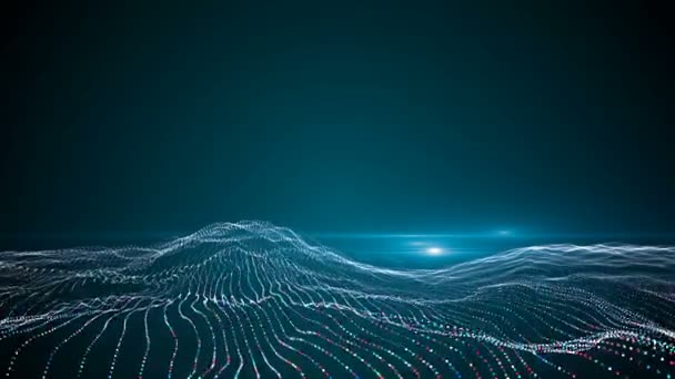発見されたラウンド粒子ドット山の風景を飛ぶ ビッグデータ 青い色の技術の背景概念 — ストック動画