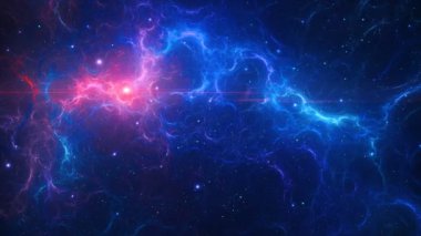 Uzay arkaplanı. Yıldızlı mavi ve kırmızı nebulada uçuyor. Dijital animasyon, 3 boyutlu canlandırma