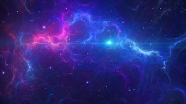 Uzay arkaplanı. Mavi ve mor nebulada yıldız tarlasıyla uçuyor. Dijital animasyon, 3 boyutlu canlandırma