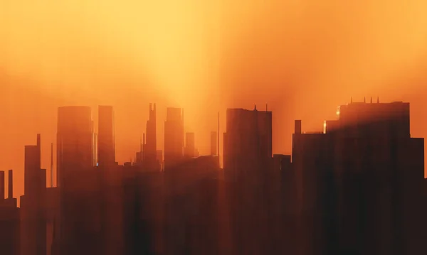 Geleceğin Modern Şehir Silueti Portakal Rengi Gündoğumu Sisli Sisi Kentsel — Stok fotoğraf