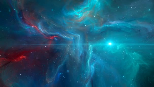 Fundo Espacial Voando Através Nebulosa Azul Vermelha Com Campo Estrelas — Vídeo de Stock
