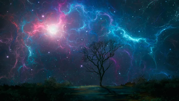 Fundo Espacial Nebulosa Fractal Colorida Com Silhueta Terra Árvore Pintura — Fotografia de Stock