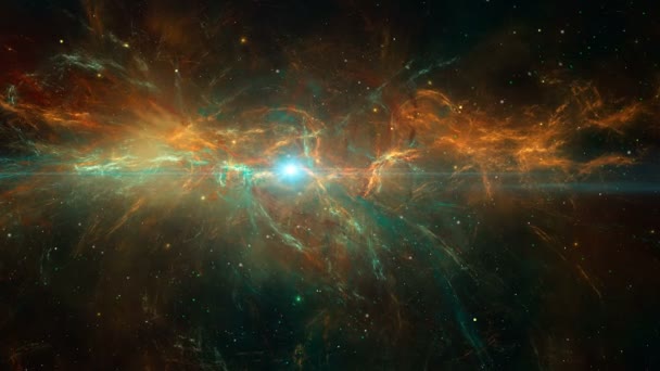Sfondo Spaziale Volando Attraverso Nebulosa Arancione Verde Con Campo Stellato — Video Stock