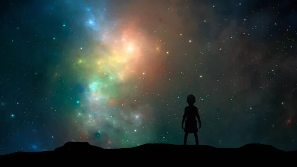 Ruimteachtergrond Girl Held Silhouet Staan Berg Met Kleurrijke Fractal Nevel — Stockfoto