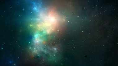 Uzay arkaplanı. Yıldızlarla dolu renkli nebulada uçuyor. Dijital animasyon, 3 boyutlu canlandırma