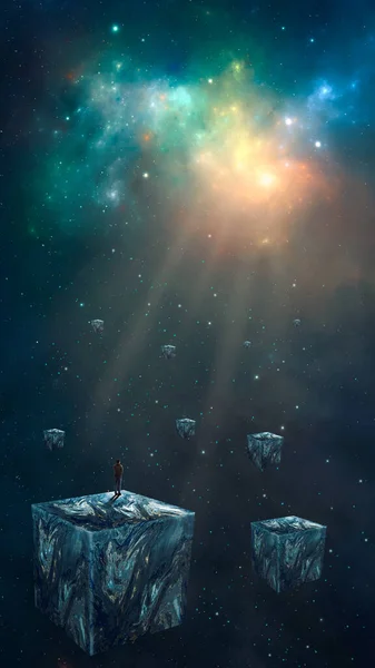 Sfondo Spaziale Uomo Abiti Casual Piedi Cubo Marmo Nebulosa Colorata — Foto Stock