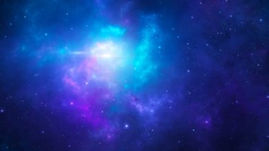 Space background. Flying through colorful blue and violet nebula with stars field. Digital animation, 3D rendering