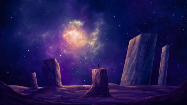 人物形象站在高山峡谷的风景与星云和星空在日落的颜色 幻想背景 3D插图 — 图库照片