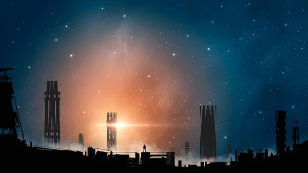 Man Silhuett Står Postapokalyptisk Industristad Med Torn Nebulosa Stjärnor Vid — Stockfoto