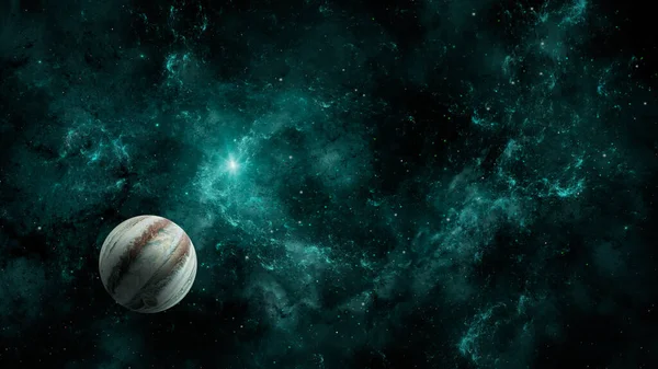 Космический Фон Планета Юпитер Летает Разноцветной Фрактально Зеленой Туманности Элементы — стоковое фото