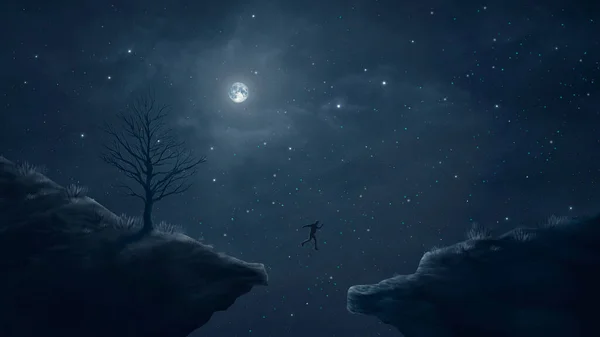Силуэт Человека Прыгающего Скале Дерева Травы Лунным Ночным Небом Звездами — стоковое фото