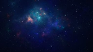 Uzay arkaplanı. Yıldızlarla dolu renkli nebulada uçuyor. Dijital animasyon, 3 boyutlu canlandırma