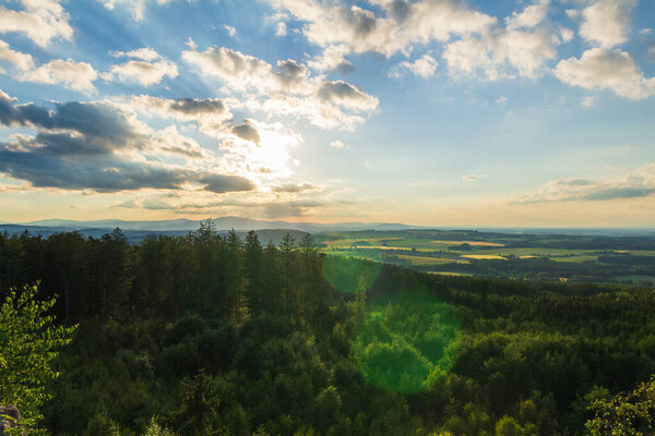 Nice sunset above czech summer valley from hill Velky kamen. Nature reserve slepici hory