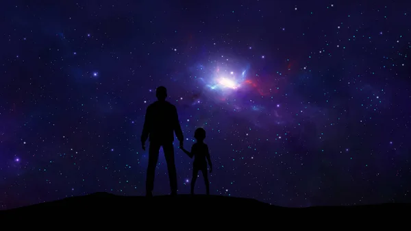 Black silhouette of father holding daughter with colorful nebula and stars in space. Parent concept, digital illustration, 3D rendering