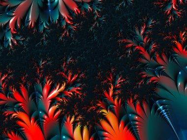 Soyut kırmızı ve mavi çiçek, koyu arkaplanda doğa deseni. Metin veya logo için kopyalama alanı olan fraktal arkaplan