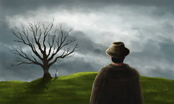 Man Cowboy Coat Hat Walking Graves Tree Storm Dramatic Sky — Stockfoto