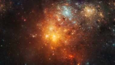 Space background. Flying through orange and gold nebula with stars field. Digital animation, 3D rendering
