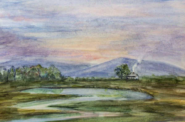 Small House Meadow River Trees Distant Hill Sunset Sky Watercolor — Stockfoto