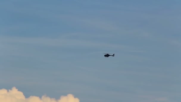 Black Small Helicopter Flying Blue Sky — Stockvideo