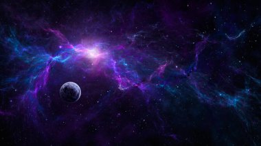 Uzay arkaplanı. Renkli fraktal mavi ve mor nebulada bir gezegen. NASA tarafından döşenmiş elementler. 3B görüntüleme
