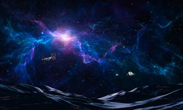 宇宙背景 カラフルなフラクタルブルーの星雲で山の土地とIssに飛んで宇宙船 Nasaが装備した要素 3Dレンダリング — ストック写真