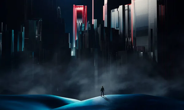 Man from back standing on mountain and looking to night city with haze and sky. Glowing futuristic building, 3D illustration