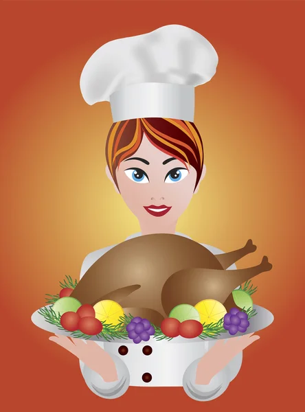 Woman Chef with Roast Turkey Dinner Illustration — Stock Vector