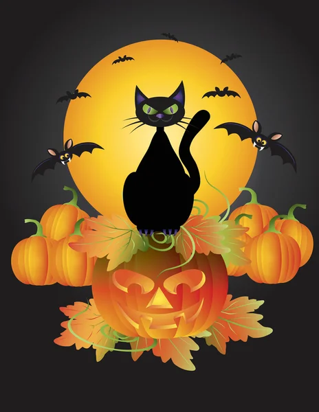 Halloween Black Cat On Carved Pumpkin Illustration — Stock Vector